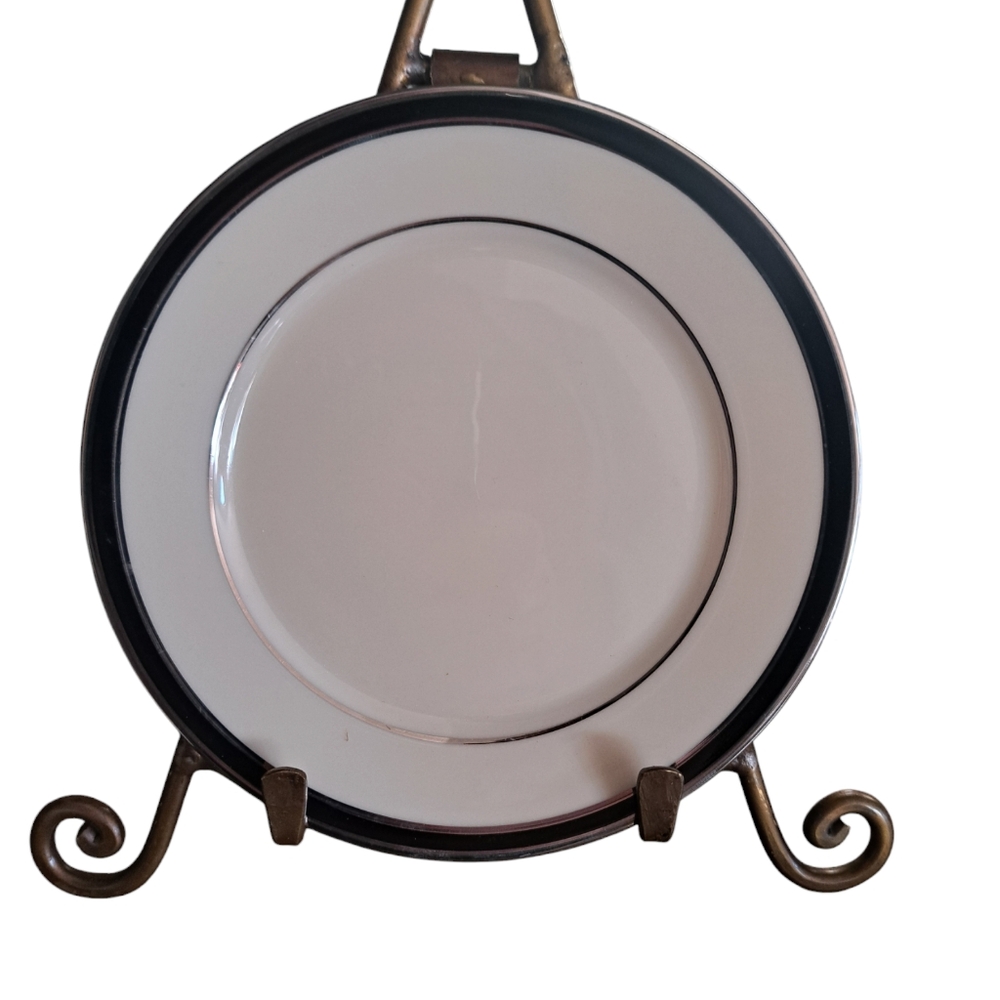 Lenox Black Royale Saucer Ivory Black Silver Bone China Small Plates Set 4 USA